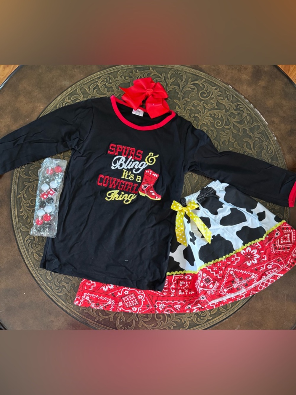 Black 'Spurs Bling It's a Cowgirl Thing' Top with Cowprint & Bandana Skirt
